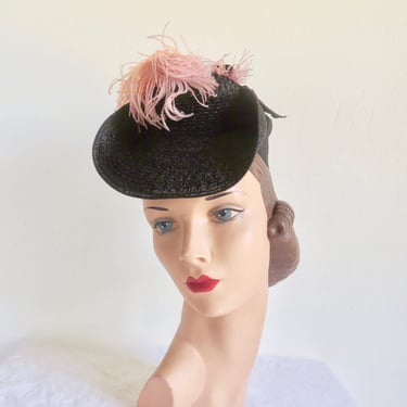 1940's Black Ruffle Straw Tilt Topper Toy Hat Pink Peach Ostrich Feather Plume Trim Head Holder WW2 Era Rockabilly 40's Millinery 