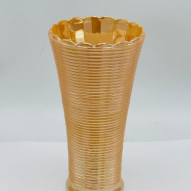 Fire King Anchor Hocking Peach Marigold Thin Ribbed Iridescence Luster Vase – 7 .25" 