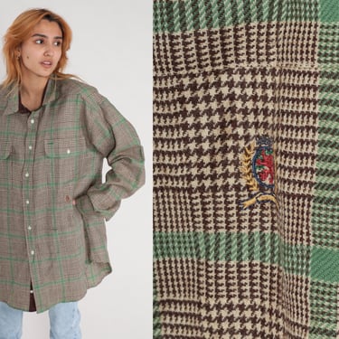 Tommy Hilfiger Shirt 00s Plaid Wool Shirt Preppy Green Brown Checkered Button Up down 2000s Vintage Long Sleeve Extra Large xl 