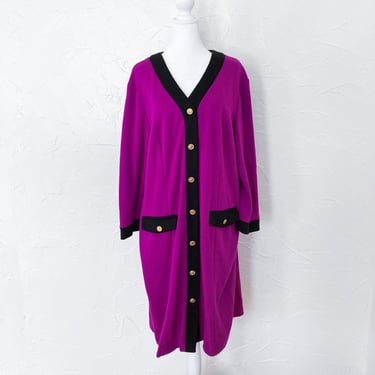 80s Knit Two Toned Colorblock Black and Bright Fuchsia Gold Button Down Dress | 2X/XXL 