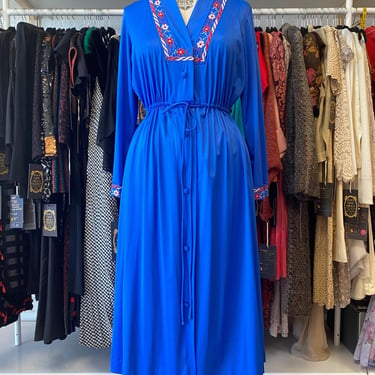 vintage 1970s blue nylon embroidered robe, midi length, 70s loungewear, jcpenney 