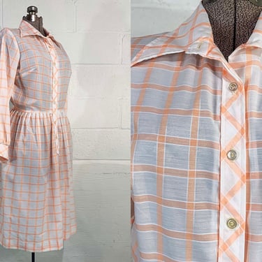 Vintage NPC Fashions Dress Windowpane Plaid Peachy Pink Salmon Long Sleeve Fit and Flare Sleeves 1980s 80s Medium 