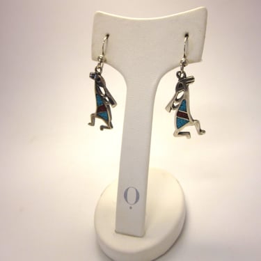 Made in USA Artisan Sterling Silver and Crushed Turquoise Kokopelli Dangle Earrings 