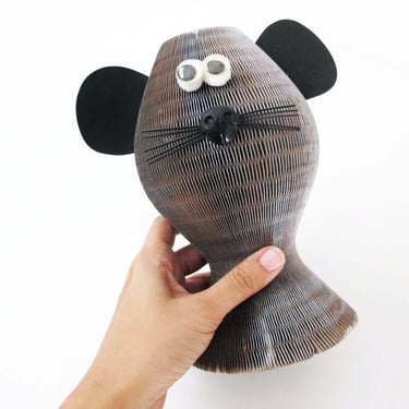 Vintage Mouse Head Cardboard Paper Statue with Googly Eyes -  Animal Figurine Childens Room Quirky Silly Cute Decor 