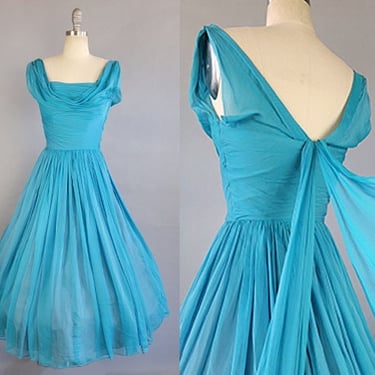 1950s Chiffon Dress / 1950s Turquoise Silk Chiffon Party Dress / 1950s Blue Cocktail Dress / Size Small 