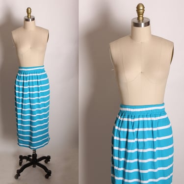 Deadstock 1980s Turquoise Blue and White Striped Elastic Waist Stretchy Wiggle Skirt by J.J. Little Modular Knits -M 