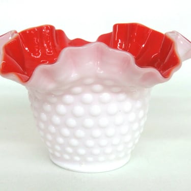 Kanawha Hobnail Style White Milk Glass Red Overlay Crimped Bowl Vase 587B