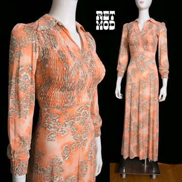 Pretty Vintage 70s does 40s Peachy Floral Maxi Dress 
