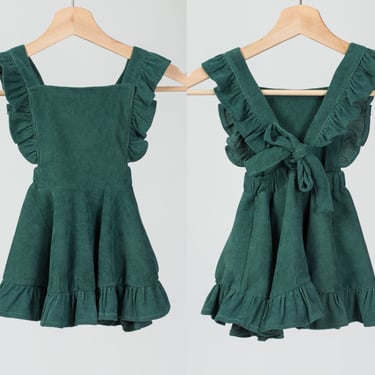 Emerald Green Corduroy Pinafore Baby Girl Dress - 6 Months | Boho Vintage Style Children's Clothing 
