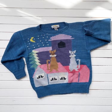 cat sweater 80s 90s vintage Mar Y Sol blue hand knit cotton sweater 