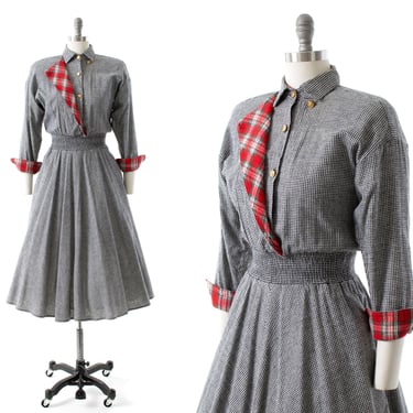 Vintage 1980s 1990s Shirt Dress | 80s 90s CAROL ANDERSON Flannel Houndstooth Plaid Midi Full Skirt Pockets Winter Day Dress (small/medium) 