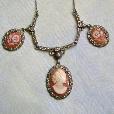 Antique Silver Cameo Necklace and Earrings, Old Carved Cameo With Woman and Flowers, Silver Cameo Pendant Necklace and Earrings (#4630) 