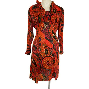 60s Vintage paisley Orange dress, mod dress, space age dress, paisley print mini dress size 6 8 small s eur 34 