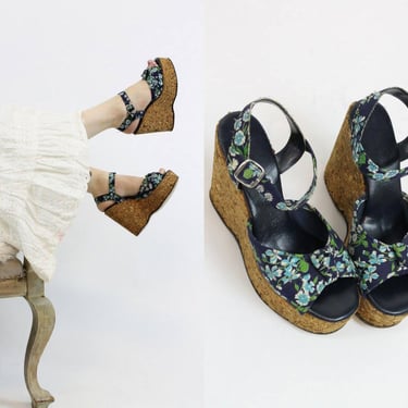 1970s cork sandals shoes size 5.5 us | vintage floral peep toe wedges platforms 