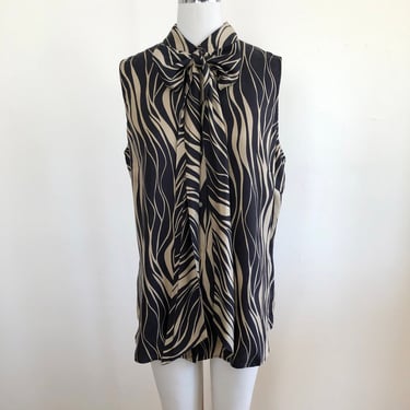Sleeveless Abstract Print Button-Down Blouse with Necktie/Belt - 1990s 