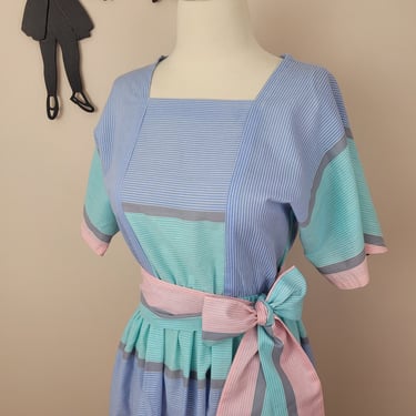 Vintage 1980's Color Block Dress / 80s Does 40's Cotton Pastel Dress 