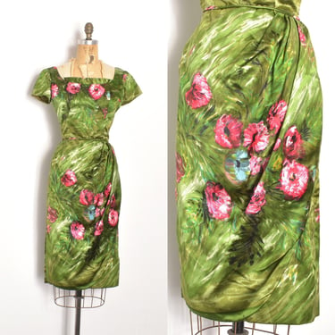 Vintage 1950s Dress / 50s Floral Silk Wiggle Dress / Green Pink ( small S ) 