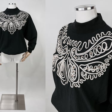 1980s Black Dolman Sleeve Pullover Sweater w Silver Studs & White Ribbon Appliqué by Adolfo M/L | Vintage, Swirl, Retro, Funky, Comfy 