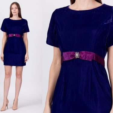 80s Royal Purple Velvet Party Dress - Medium | Vintage Satin Trim Retro Scoop Neck Short Sleeve Mini Dress 