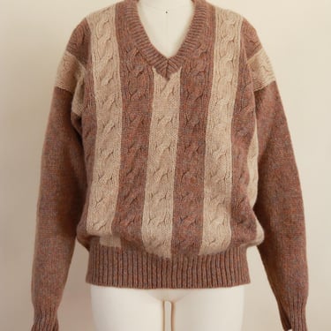 Vintage 80s Brown Striped Cable Knit Scottish Shetland Wool Grandpa Sweater by Braemar 