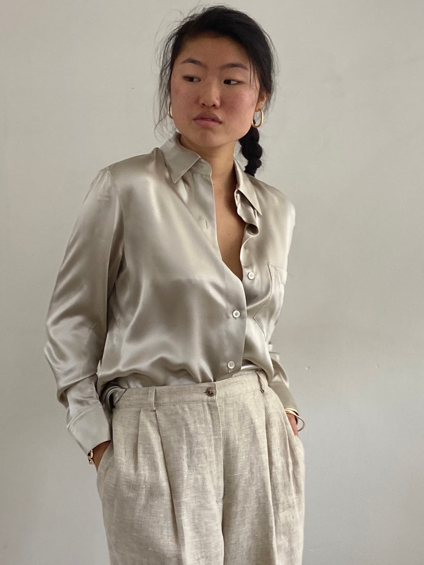 CLAES SILK CHARMEUSE LONG SLEEVE SHIRT - SIGNATURE PRINT