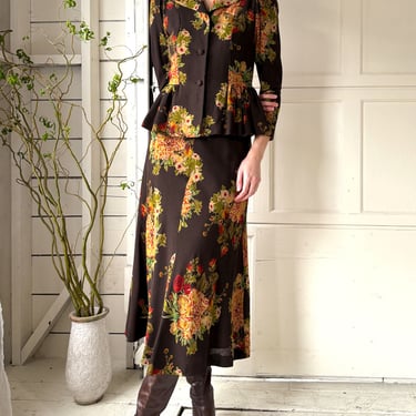 00s Brown Floral Wool Crepe Ensemble | S