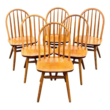 Vintage Hunt Country Furniture Bow Back Solid Oak Dining Chairs - Set of 6 