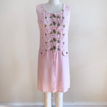 Sleeveless Pink Shift Dress with Floral Embroidery - 1960s 
