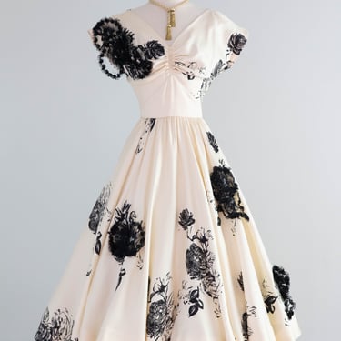 Fabulous 1950's Designer Ben Reig Silk Occasion Dress With Black Raffia Roses / SM