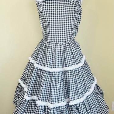1960s Vintage Black and White Gingham Sundress / 60s Cotton Fringe Trim Peter Pan Collar Square Dance Dress / XS 