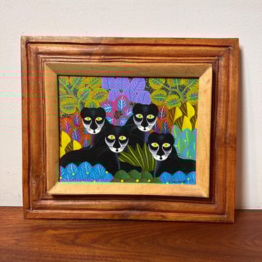 Haitian Panthers in the Jungle Painting with Plants - Vintage MCM Mid Century Boho - Caribbean Island Art 