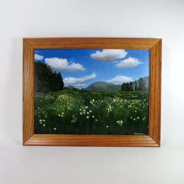 Original Wild Flowers in the Meadow Painting on Board Vintage Wood Framed Country Field with Trees & Mountains Scenic Landscape Wall Art 