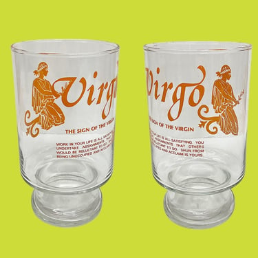 Vintage Virgo Pint Glass Retro 1970s Mid Century Modern + The Sign of the Virgin + Clear Glass + Orange Vinyl Image + Aug/Sept Birthday 