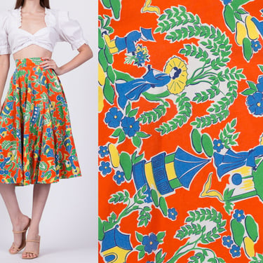 60s Chinese Novelty Print Skirt - Extra Small, 23.5" | Vintage Boho Midi Floral Circle Skirt 