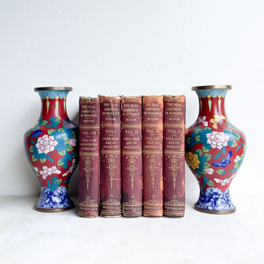 Set of 2 Cloisonné Chinese Floral Vases Red Blue Yellow Butterflies Shelf Decor Vintage Metal Floral Vase Matching Set Chinoiserie Asian 