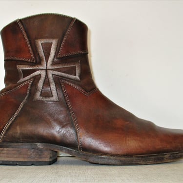 Vintage Mark Nason Brown Leather Embroidered Cross Ankle Boots, 9 1/2 Men, Side Zip, Rock n Roll 