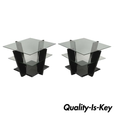 Pair of Contemporary Modern Black Lacquer &amp; Glass 3 Tier End Tables Sculptural