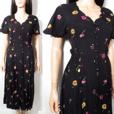 Vintage 90s Floral Lace Up Scallop Neckline Button Front Dress Size M 