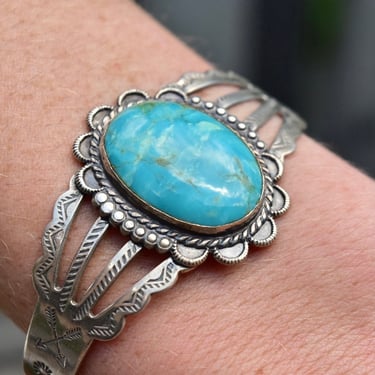 Vintage Sterling Silver Turquoise Cuff Bracelet, Cut Out and Engraved Sterling Silver Cuff, Adjustable Cutout Cuff, Southwestern Style 