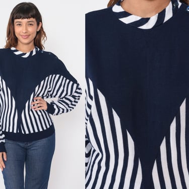 80s Striped Sweater Blue White Colorblock Knit Pullover Sweater Button Shoulder Color Block Dolman Sleeve Slouchy Vintage 1980s Small Medium 