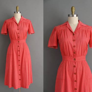 vintage 1950s Dress | Candy Apple Red Polka Dot Print Cotton Day Dress | Large 