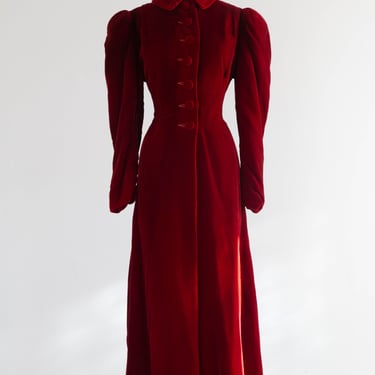 Decadent Deco Era 1930's Crimson Silk Velvet Maxi Coat / Medium