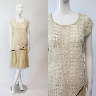 1920s embroidered lace dress | vintage net flutter skirt dropwaist | small medium 