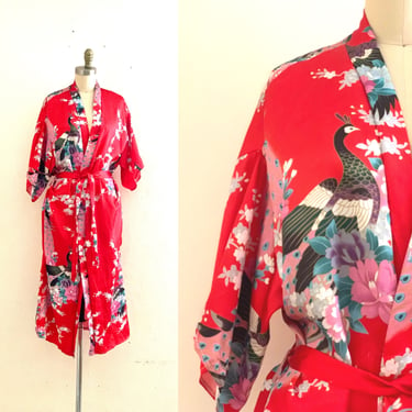 vintage red peacock floral robe // red dressing gown 