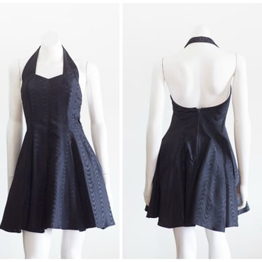 Vintage 1990s Black Halter Top Party Dress | Fit and Flare 