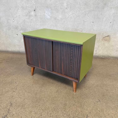 Mid Century Avocado Green Tambour Door Record Cabinet