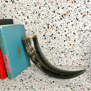 Natural Horn Decor, Brass Rim, Book Shelf Mantel Decor, Vintage 