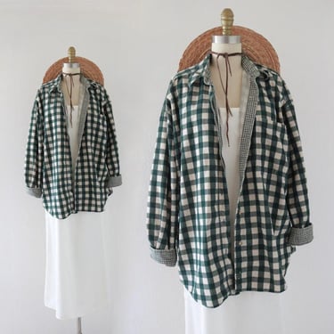 gingham corduroy button top - l - vintage womens green plaid check long sleeve shirt large 