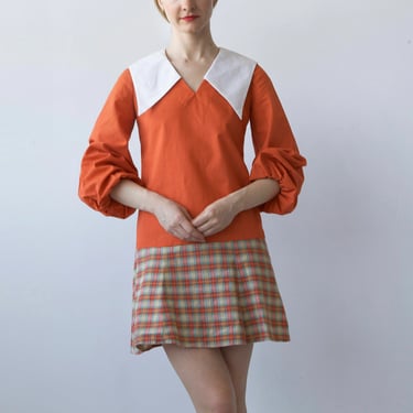 Mini mod orange dress with balloon sleeves / S 