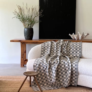 Vintage Cream Grey Patterned Throw Blanket | Cotton Blend Checkerboard Coverlet | 60